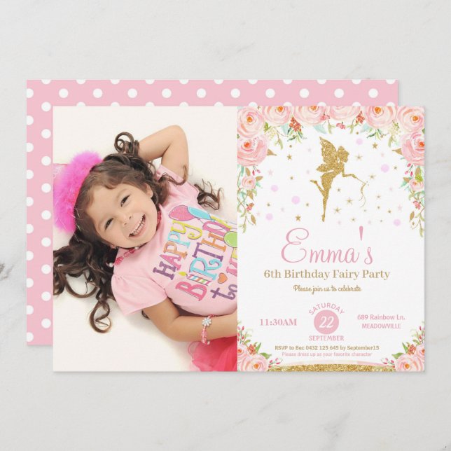 Convite de Aniversário de 1 Ano da Fada Floral Ros (Frente/Verso)