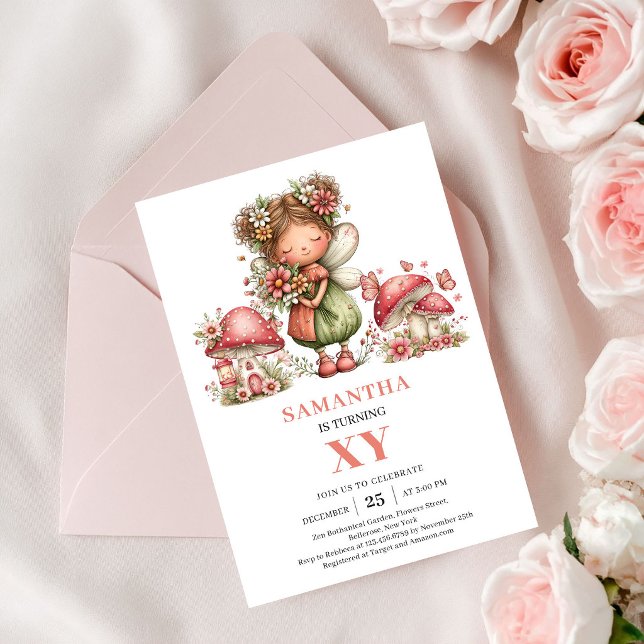 Convite de Aniversário de 1 ano da Fada Fofa com F (Cute Fairy 1st Birthday Pink Floral Party Invitation)