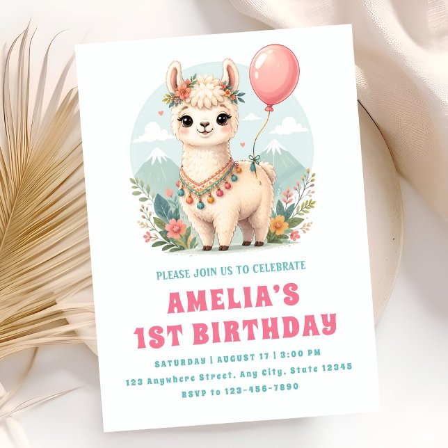 Convite de Aniversário de 1 Ano da Menina Alpaca F (Criador carregado)