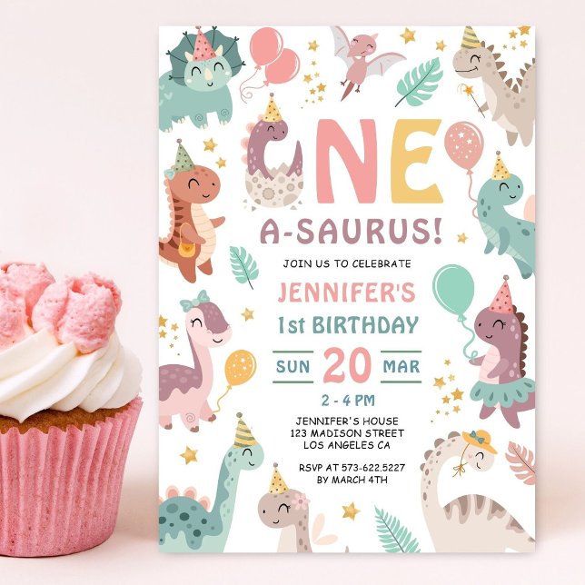 Convite de Aniversário de 1 ano da Menina Dinossau (Criador carregado)