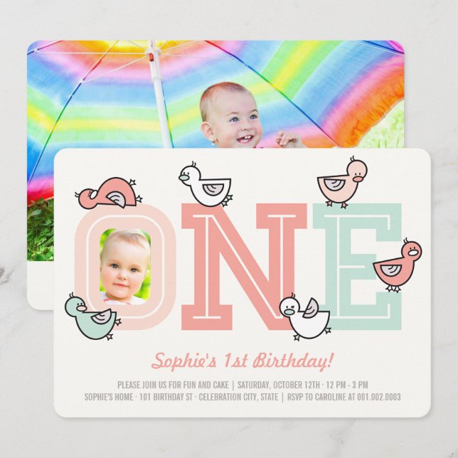 Convite de Aniversário de 1 Ano da Menina dos Pato (Frente/Verso)