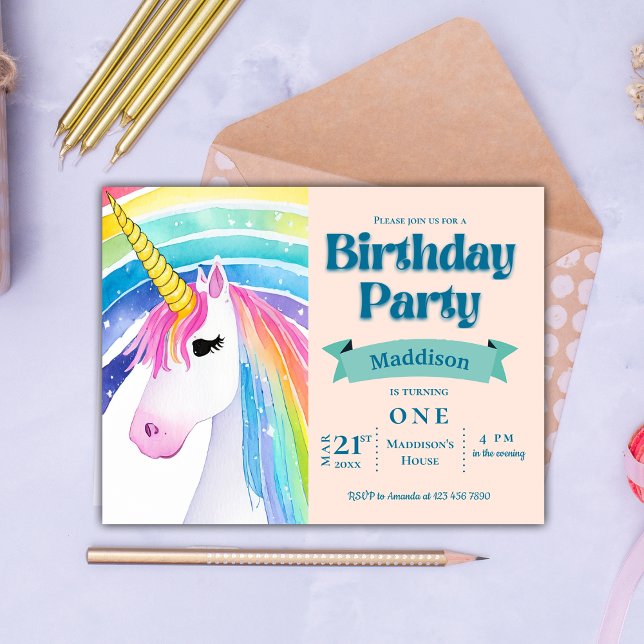 Convite de Aniversário de 1 Ano da Rainbow Kids Un (Rainbow Kids Unicorn 1st Birthday Party Invitation Postcard)