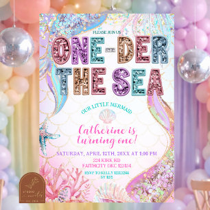 Convite de aniversário de 1 ano da sereia sob o ma
