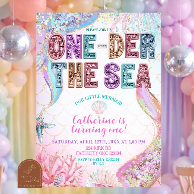 Convite de aniversário de 1 ano da sereia sob o ma (Criador carregado)