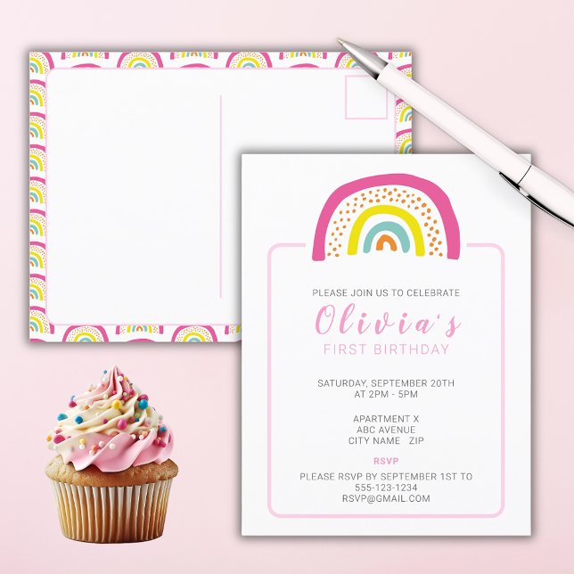 Convite de Aniversário de 1 Ano das Meninas Arco-í (Girls Birthday Party Invitation postcard with colorful pink rainbow design.)