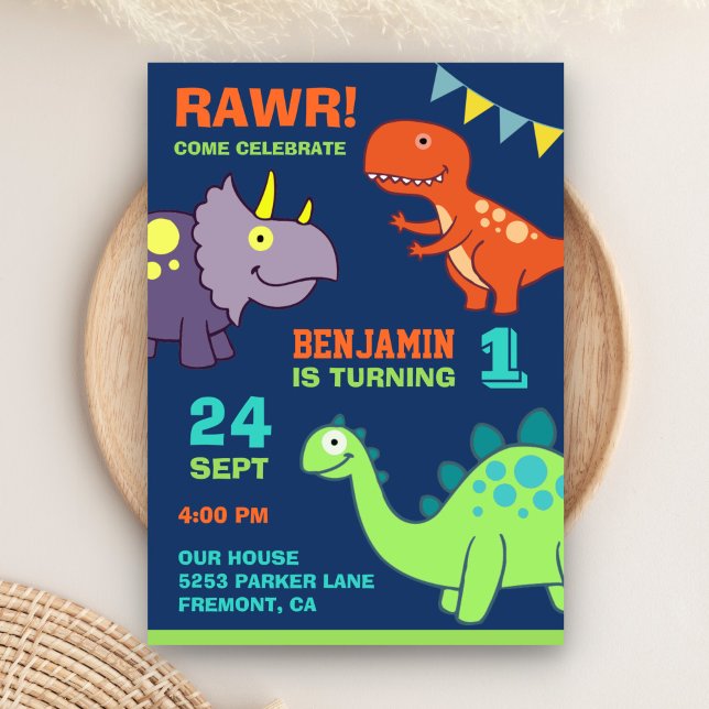 Convite de Aniversário de 1 Ano do Bebê Dinossauro (Criador carregado)