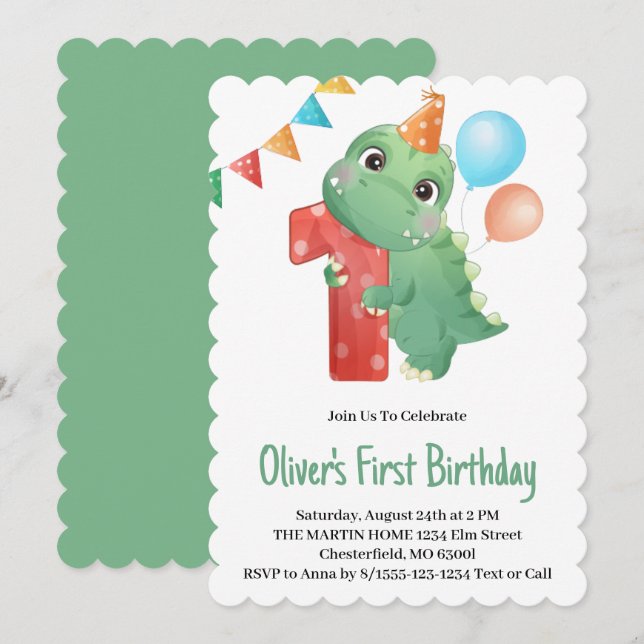 Convite de Aniversário de 1 ano do Dinossauro (Frente/Verso)