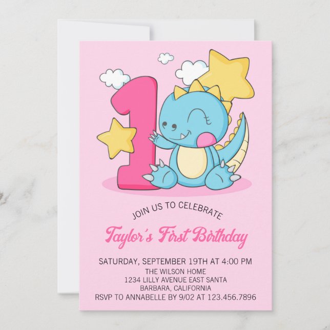 Convite de Aniversário de 1 Ano do Dinossauro Bebê (Frente)