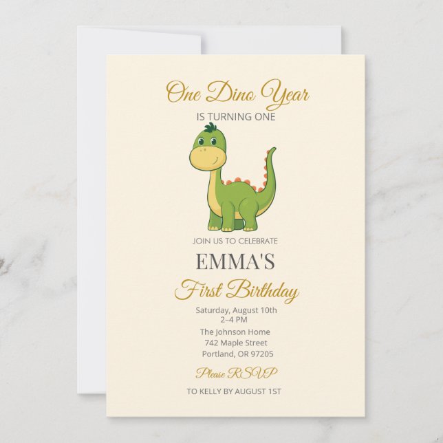 Convite de Aniversário de 1 Ano do Dinossauro Fofo (Frente)