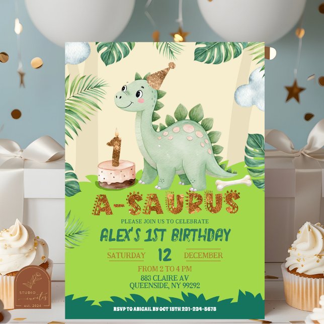 Convite de aniversário de 1 ano do dinossauro meni (Criador carregado)