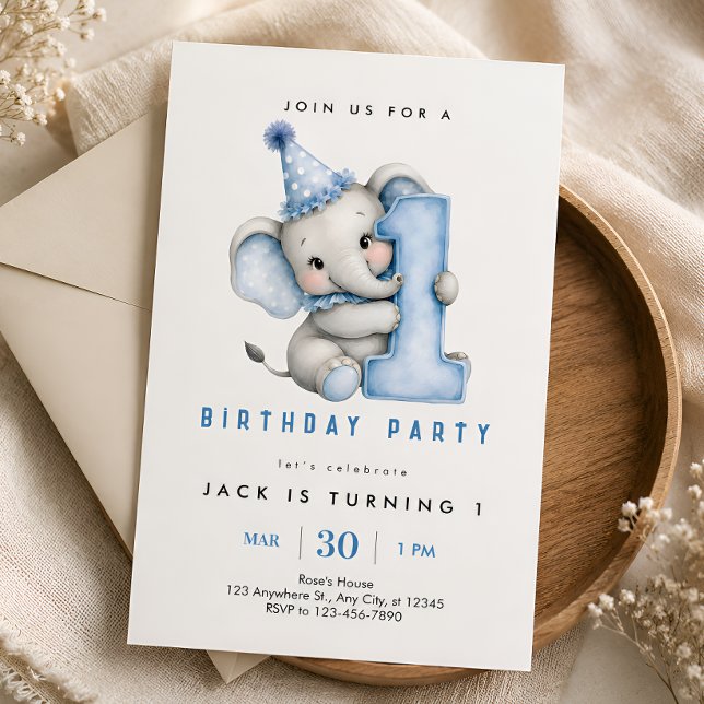 Convite de Aniversário de 1 Ano do Elefante Azul p (Criador carregado)