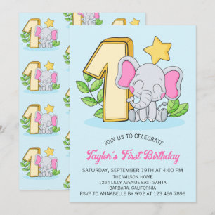 Convite de Aniversário de 1 Ano do Elefante Bebê F
