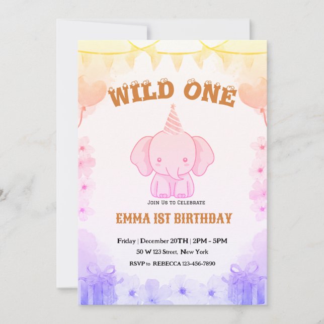 Convite de Aniversário de 1 Ano do Elefante Fofo S (Frente)