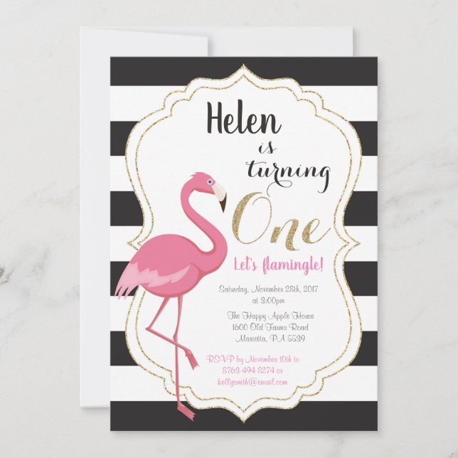 Convite de Aniversário de 1 Ano do Flamingo Menina (Frente)