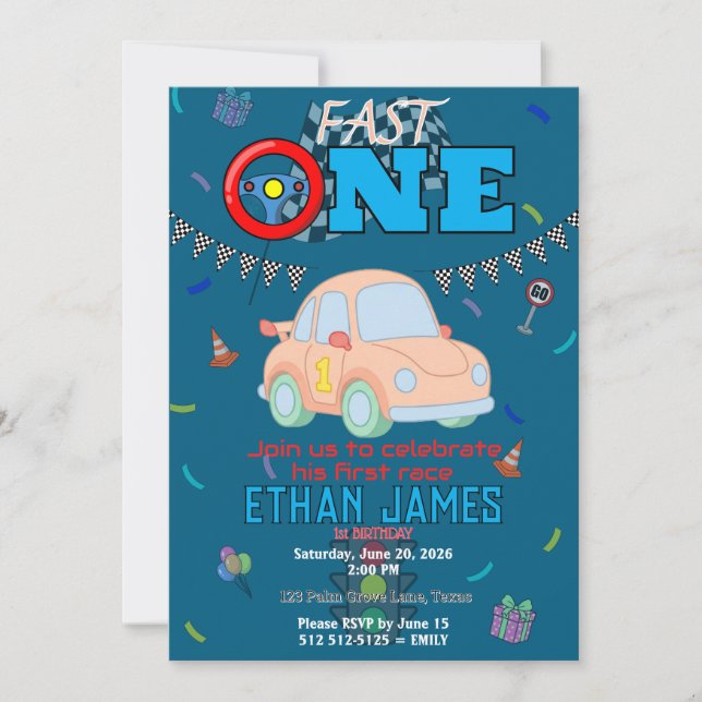 Convite de Aniversário de 1 Ano do Menino com Carr (Frente)