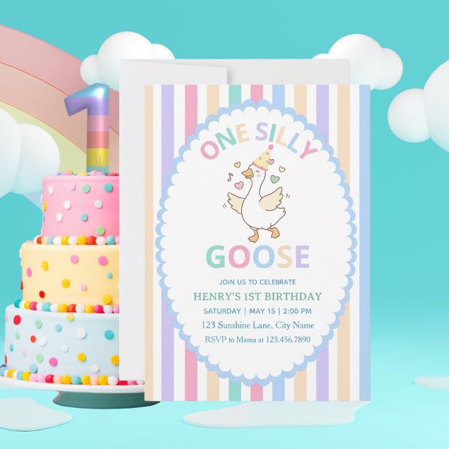 Convite de Aniversário de 1 Ano do One Silly Goose (Whimsical "One Silly Goose" 1st birthday invitations. Adorable pastel style. Personalize yours today)