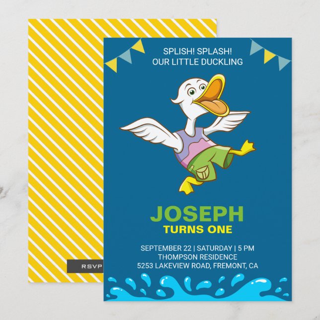 Convite de Aniversário de 1 Ano do Patinho Fofinho (Frente/Verso)