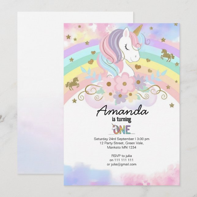 Convite de Aniversário de 1 Ano do Unicórnio Mágic (Frente/Verso)