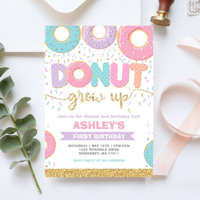 Convite de Aniversário de 1 Ano Donut Grow Up Firs (Criador carregado)