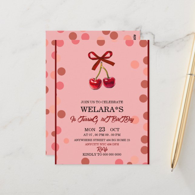 Convite de Aniversário de 1 Ano Editable Cherry T (Frente/Verso In Situ)