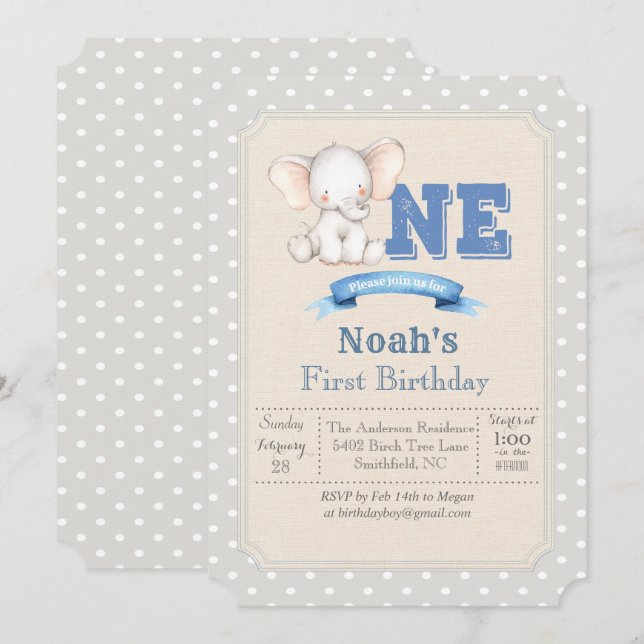 Convite de Aniversário de 1 Ano Elephant Boy (Frente/Verso)