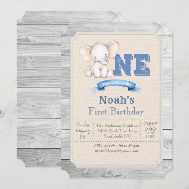 Convite de Aniversário de 1 Ano Elephant Boy (Frente/Verso)