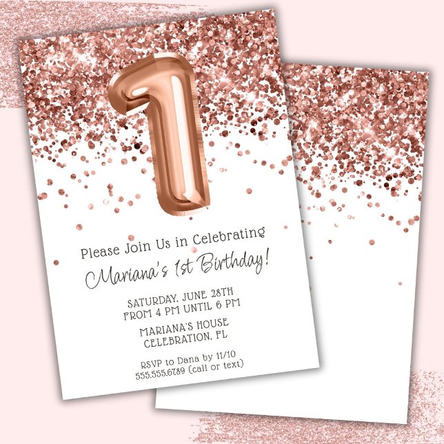 Convite de Aniversário de 1 Ano em Rose Gold (Criador carregado)