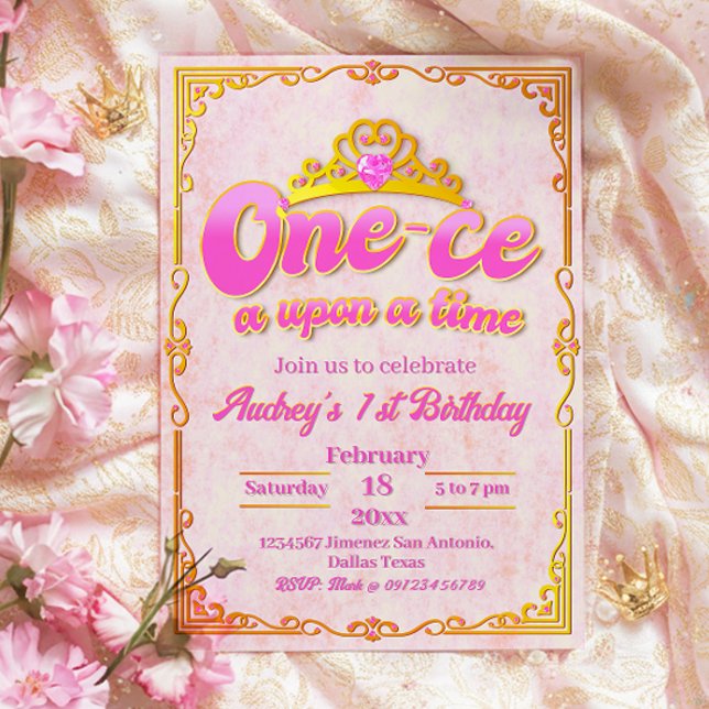 Convite de Aniversário de 1 Ano - Era Uma Vez - Me (One-ce Upon a Time - Girl 1st Birthday Invitation)