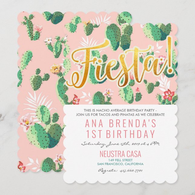 Convite de Aniversário de 1 Ano Fiesta Cactus (Frente/Verso)