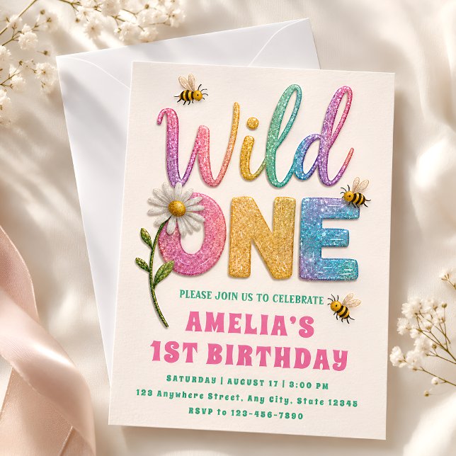 Convite de Aniversário de 1 Ano Glitter Daisy Bumb (Criador carregado)