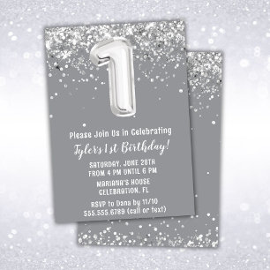 Convite de Aniversário de 1 Ano Gray Silver