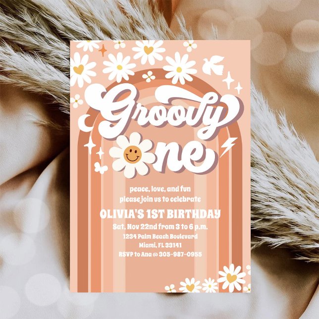 Convite de Aniversário de 1 Ano Groovy Daisy Retro (Criador carregado)