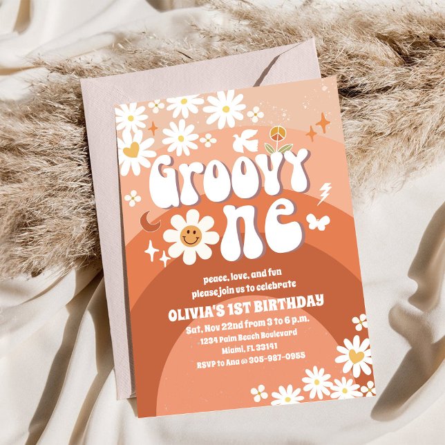 Convite de Aniversário de 1 Ano Groovy Daisy Retro (Criador carregado)
