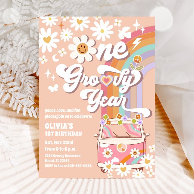 Convite de Aniversário de 1 Ano Groovy Retro (Criador carregado)