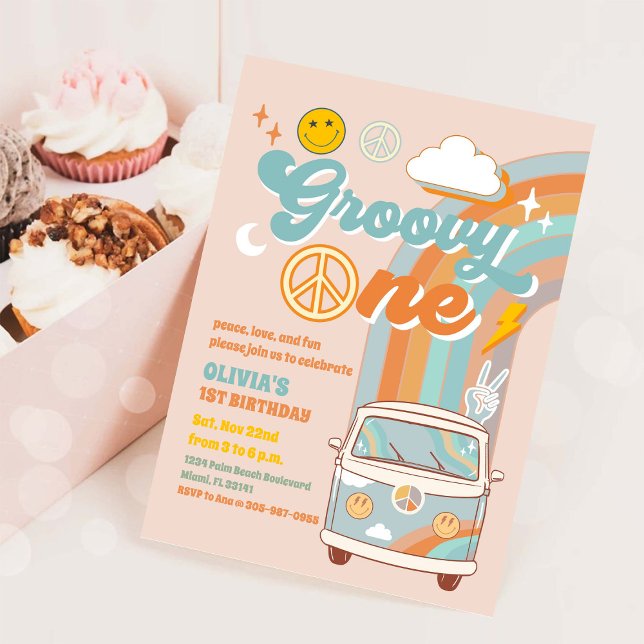 Convite de Aniversário de 1 Ano Groovy Retro (Criador carregado)