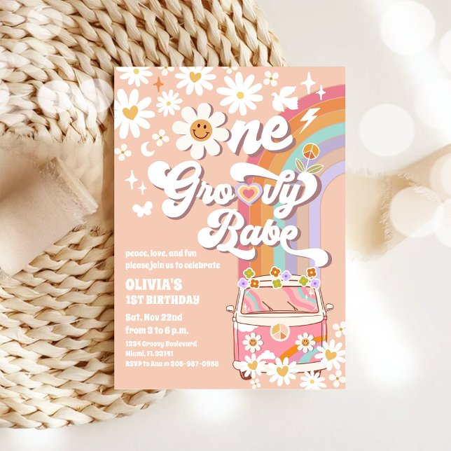 Convite de Aniversário de 1 Ano Groovy Retro (Criador carregado)