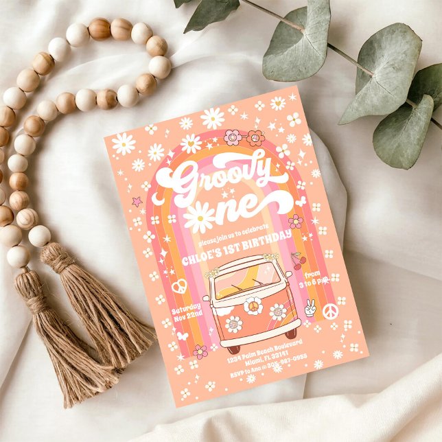 Convite de Aniversário de 1 Ano Groovy Retro (Criador carregado)