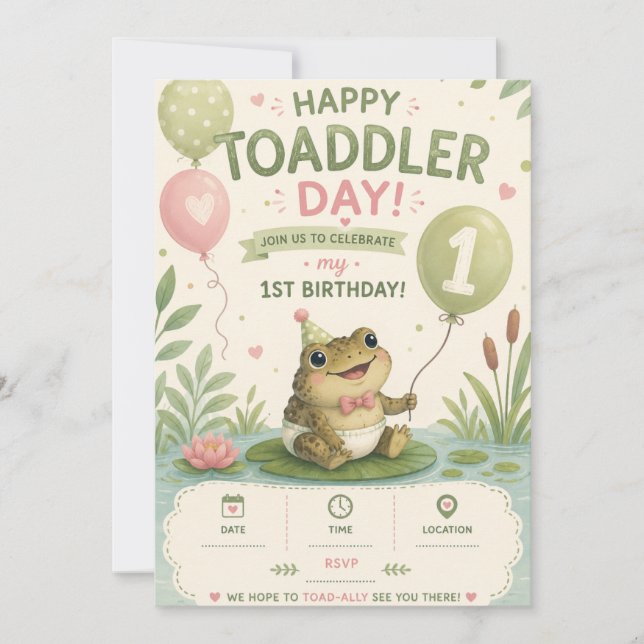 Convite de Aniversário de 1 Ano Happy Toaddler Day (Frente)