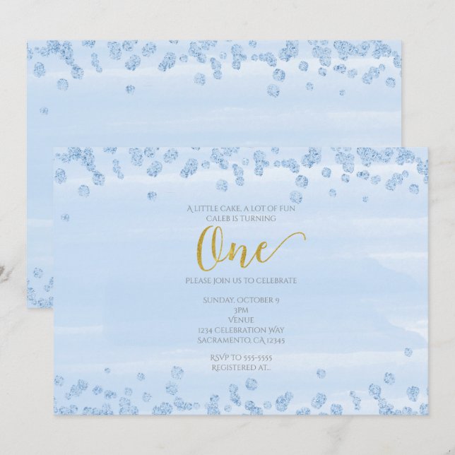 Convite de Aniversário de 1 ano Light Blue & Gold  (Frente/Verso)