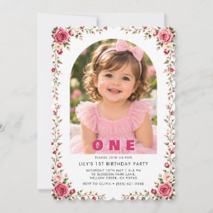 Convite de Aniversário de 1 Ano Menina com Foto Fl