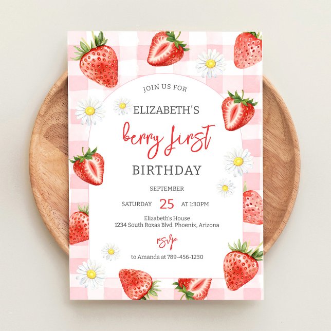 Convite de Aniversário de 1 Ano Morango Berry Prim (Criador carregado)