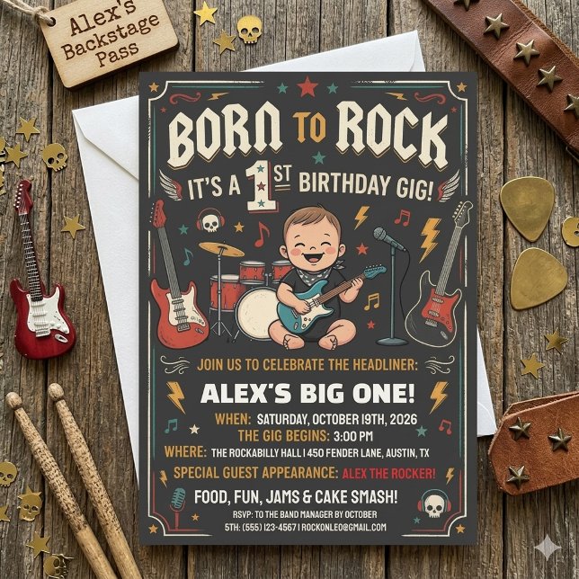 Convite de Aniversário de 1 Ano 'Nascido para Rock (Criador carregado)