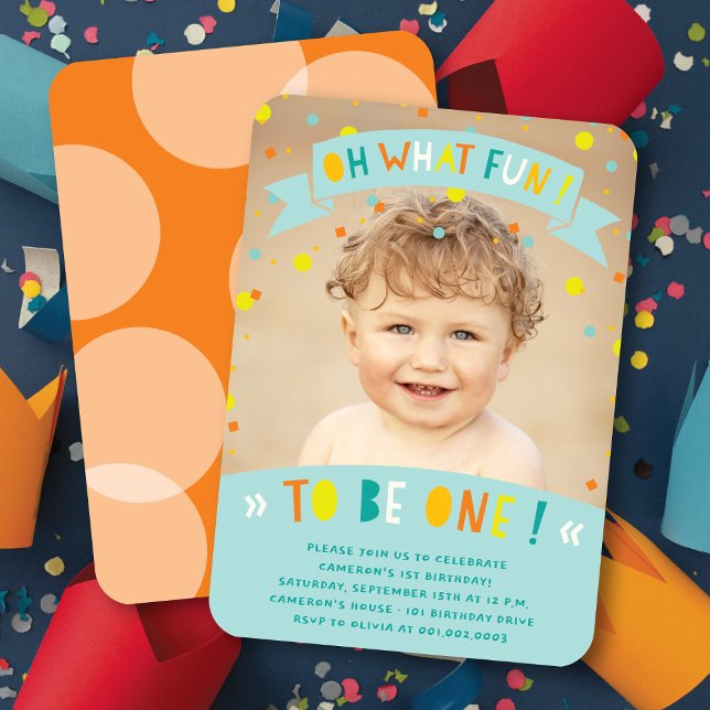 Convite de Aniversário de 1 Ano: Oh Que Diversão C (Oh What Fun To Be One Colorful Confetti Photo Boy 1st Birthday Party Invitation @ fatfatin)
