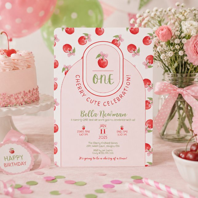 Convite de Aniversário de 1 Ano One Cherry Cute pa (Criador carregado)