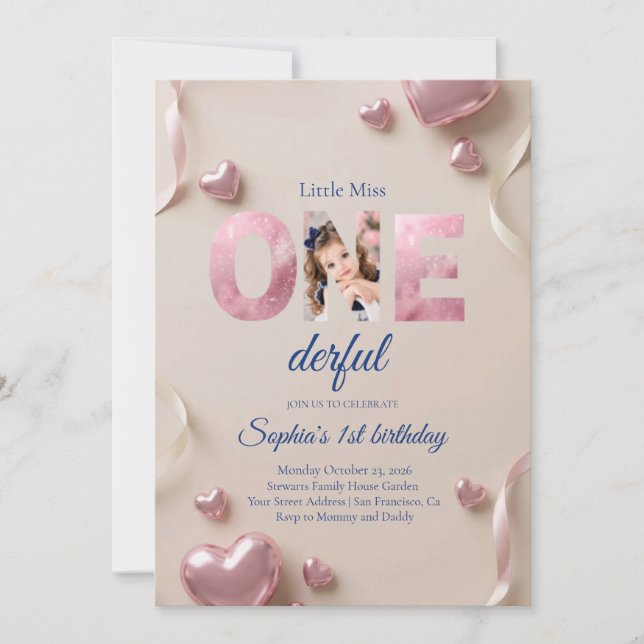 Convite de Aniversário de 1 Ano "One-derful" Foto  (Frente)