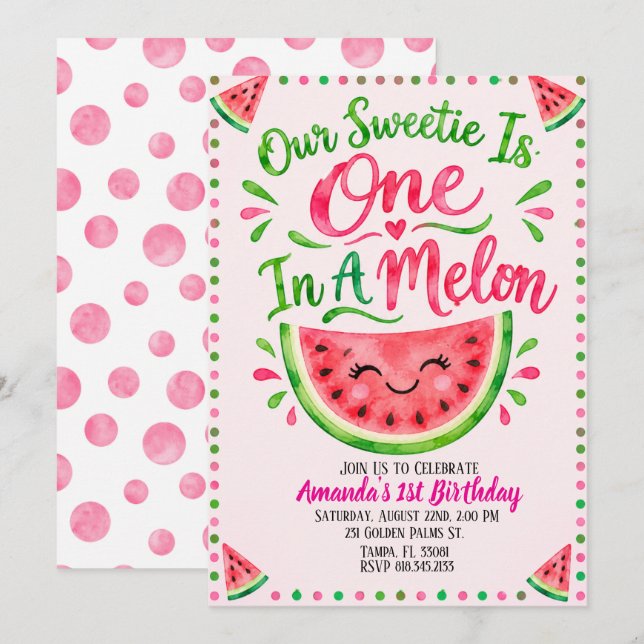 Convite de Aniversário de 1 Ano One In A Melon (Frente/Verso)