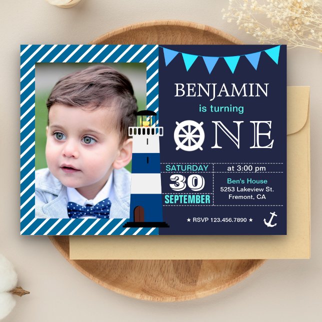 Convite de Aniversário de 1 Ano para Bebê Náutico (Criador carregado)