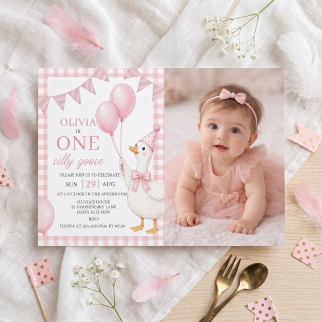 Convite de Aniversário de 1 Ano para Menina Ganso  (Criador carregado)
