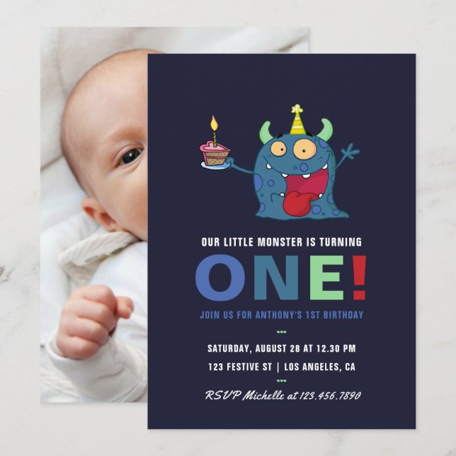 Convite de Aniversário de 1 Ano para Menino Monstr (Frente/Verso)