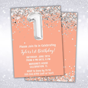 Convite de Aniversário de 1 Ano Peach Silver